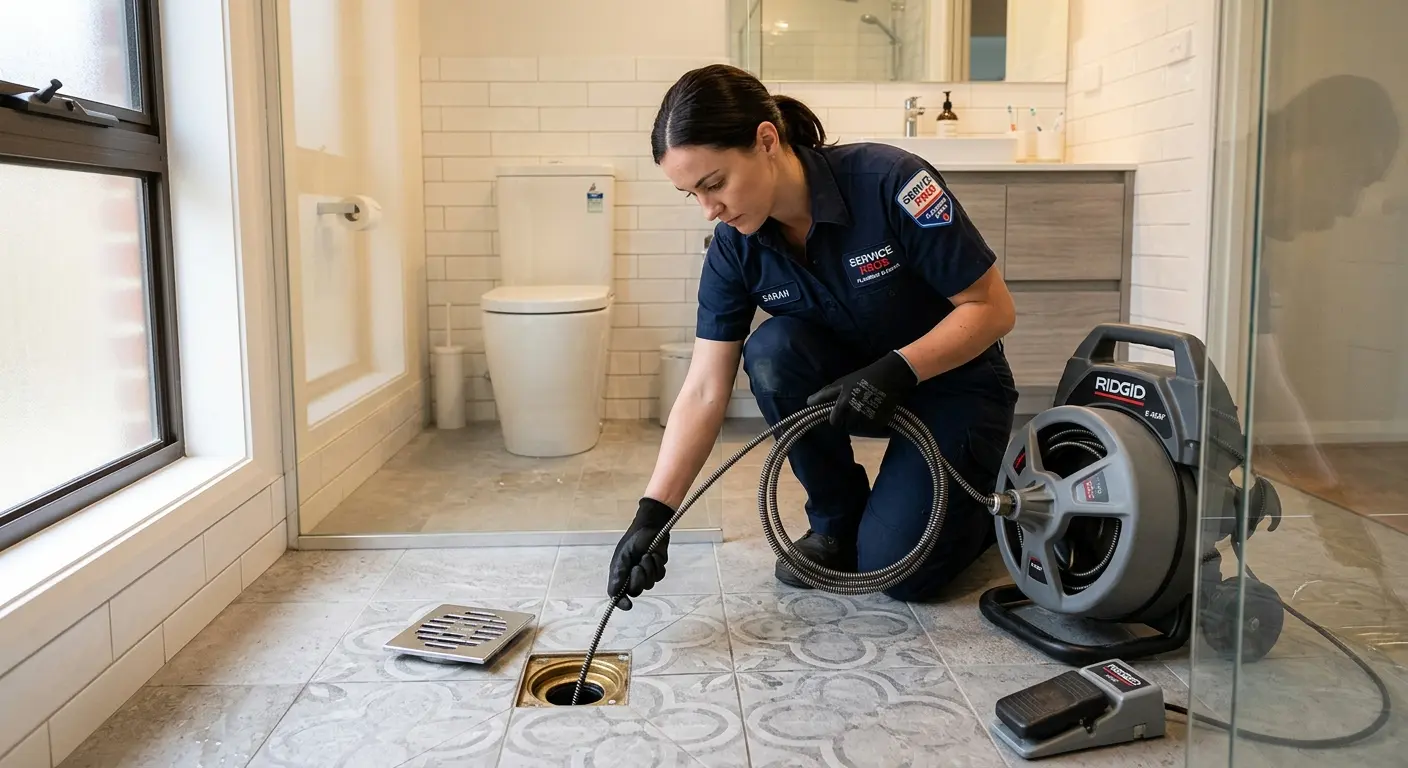 Technician clearing a bathroom floor drain for Clogged Drain Repair in New Paltz